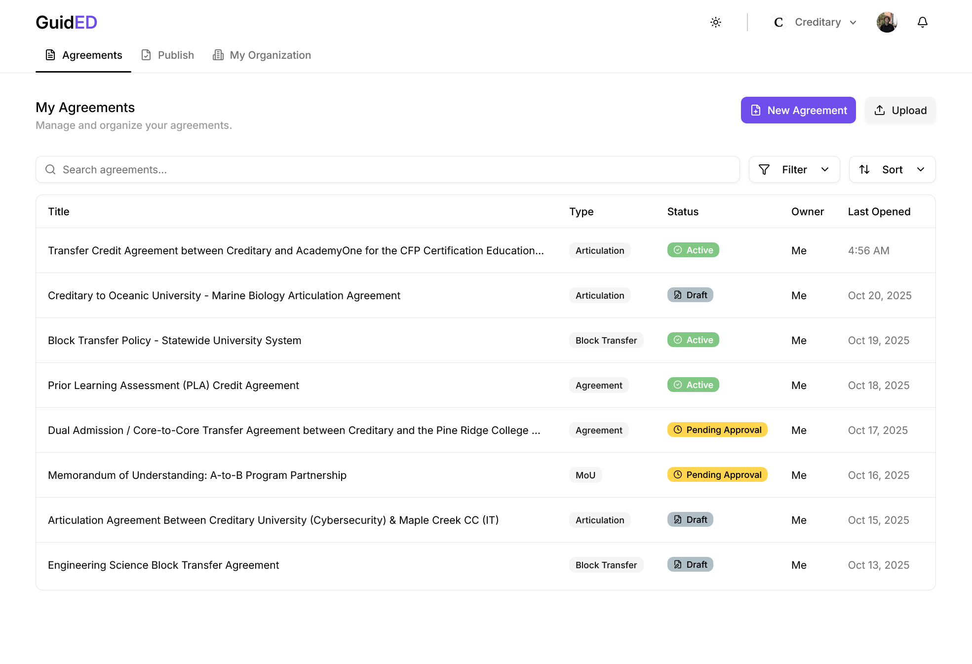 Screenshot of the Guided's agreements page